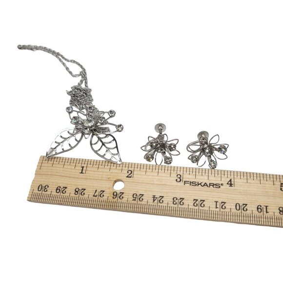 Vtg Signed B N Rhinestone Flower Leaf Necklace Earrings Set Demiparure Brooch Pe - Picture 6 of 16